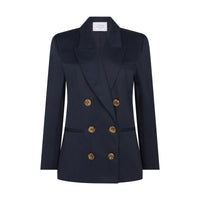 Front view of a navy blue double-breasted adjustable blazer for women with six gold buttons.