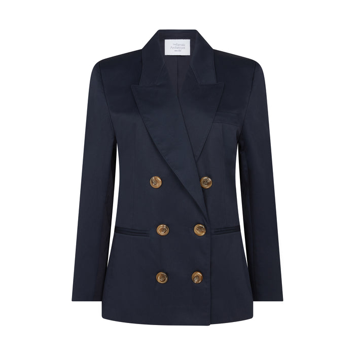 Front view of a navy blue double-breasted adjustable blazer for women with six gold buttons.