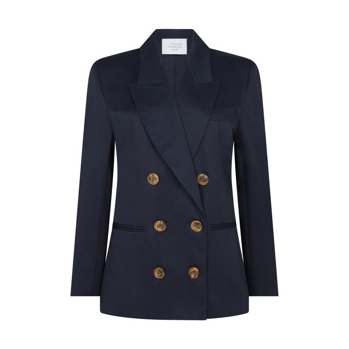 Front view of a navy blue double-breasted adjustable blazer for women with six gold buttons.