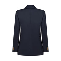 Back view of navy maternity blazer for women with classic tailoring and button details on sleeves.