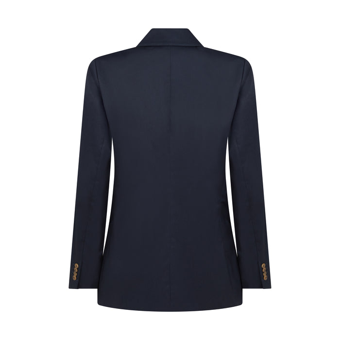 Back view of navy maternity blazer for women with classic tailoring and button details on sleeves.