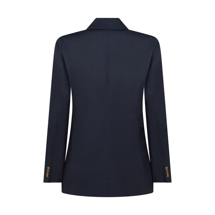 Back view of navy maternity blazer for women with classic tailoring and button details on sleeves.