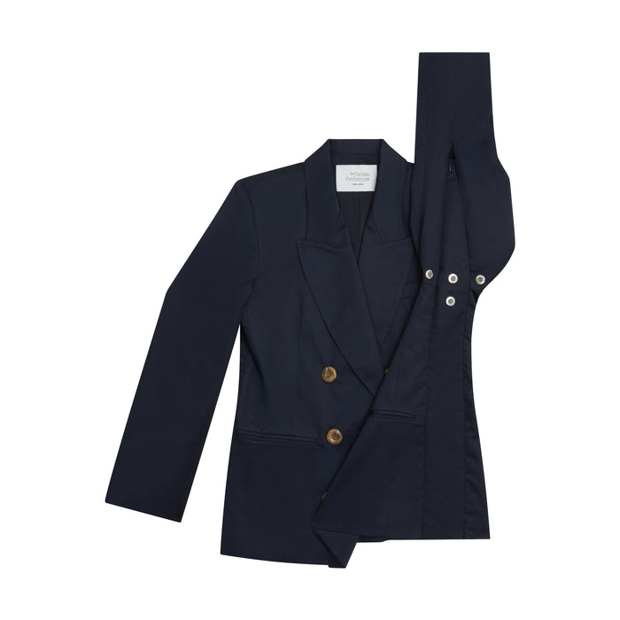 Navy maternity blazer for women with adjustable extension panels for flexible, tailored fit.