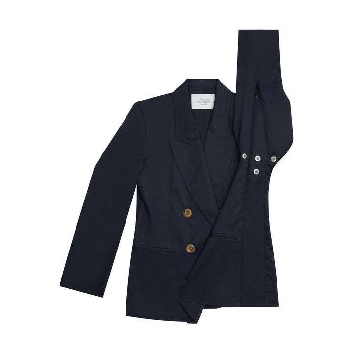 Navy maternity blazer for women with adjustable extension panels for flexible, tailored fit.