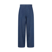 Wide-leg adjustable waist jeans for women in classic blue denim, stylish and comfortable fit.