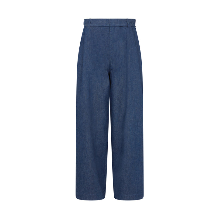 Wide-leg adjustable waist jeans for women in classic blue denim, stylish and comfortable fit.